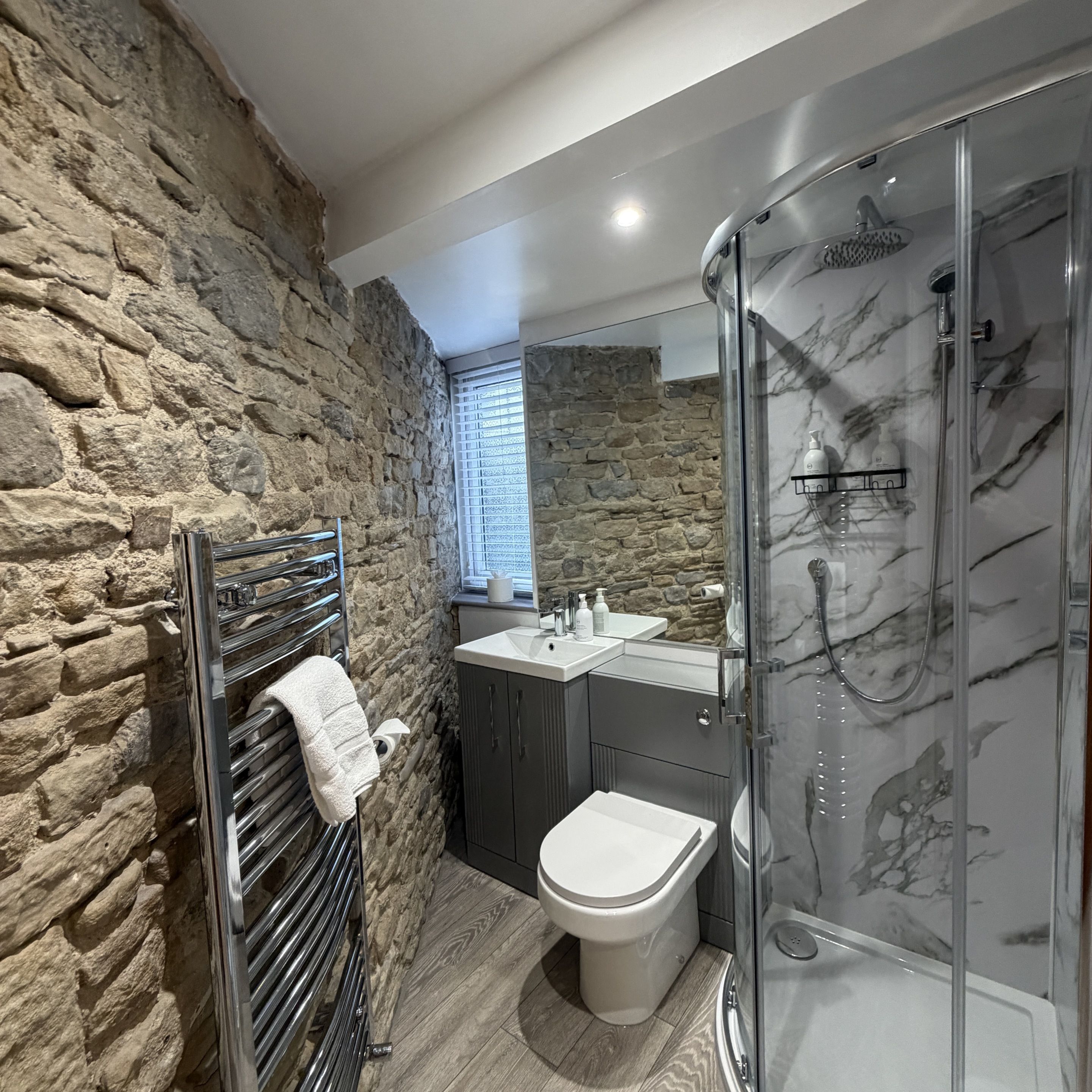Un baño con pared de piedra, cabina de ducha de vidrio, inodoro blanco y lavabo con espejo.