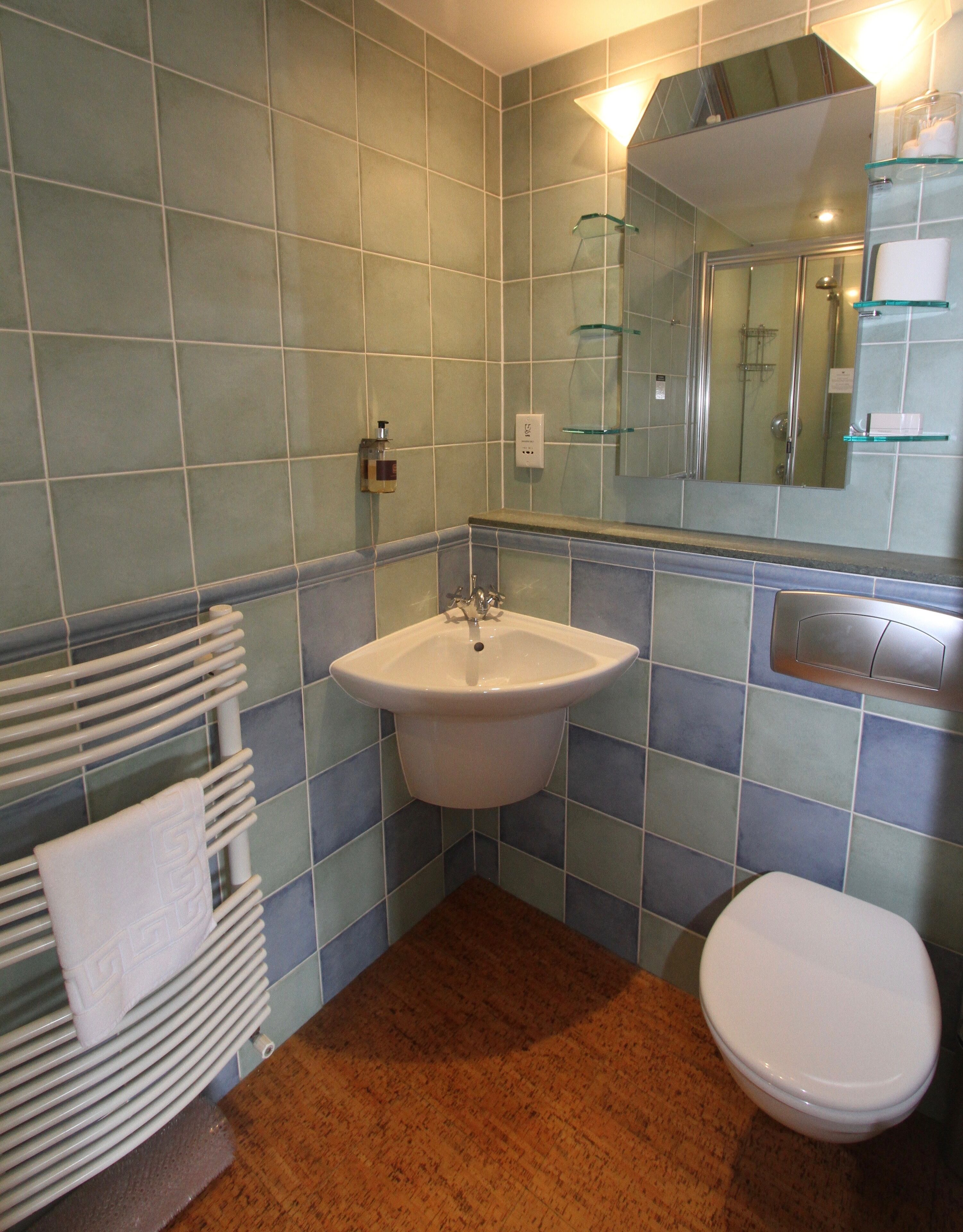 A bathroom with a sink, toilet, and towel rack.
