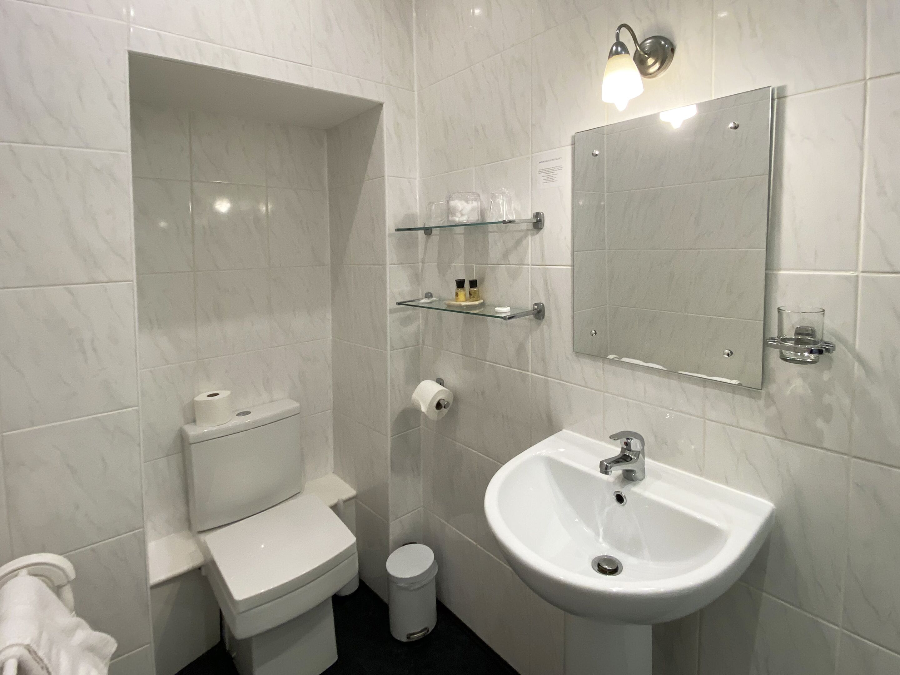 A modern bathroom with a toilet, sink, and mirror.