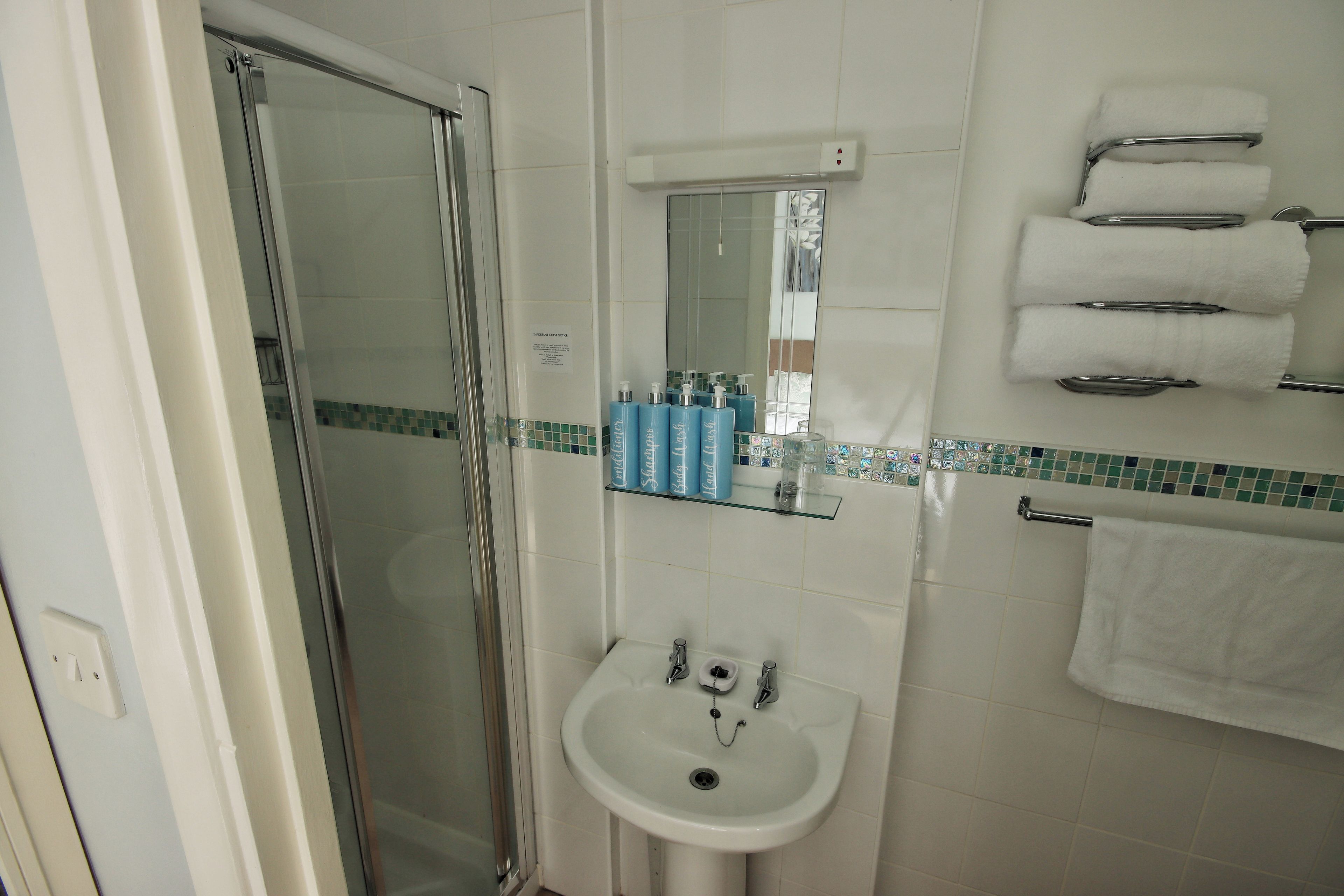 Une salle de bain avec une douche à parois de verre, un lavabo avec un miroir au-dessus et une étagère contenant des articles de toilette.