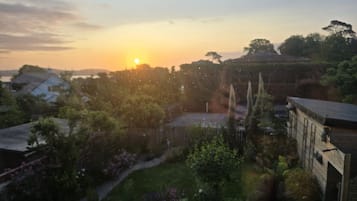 A residential area with houses, a garden, and a sunset.