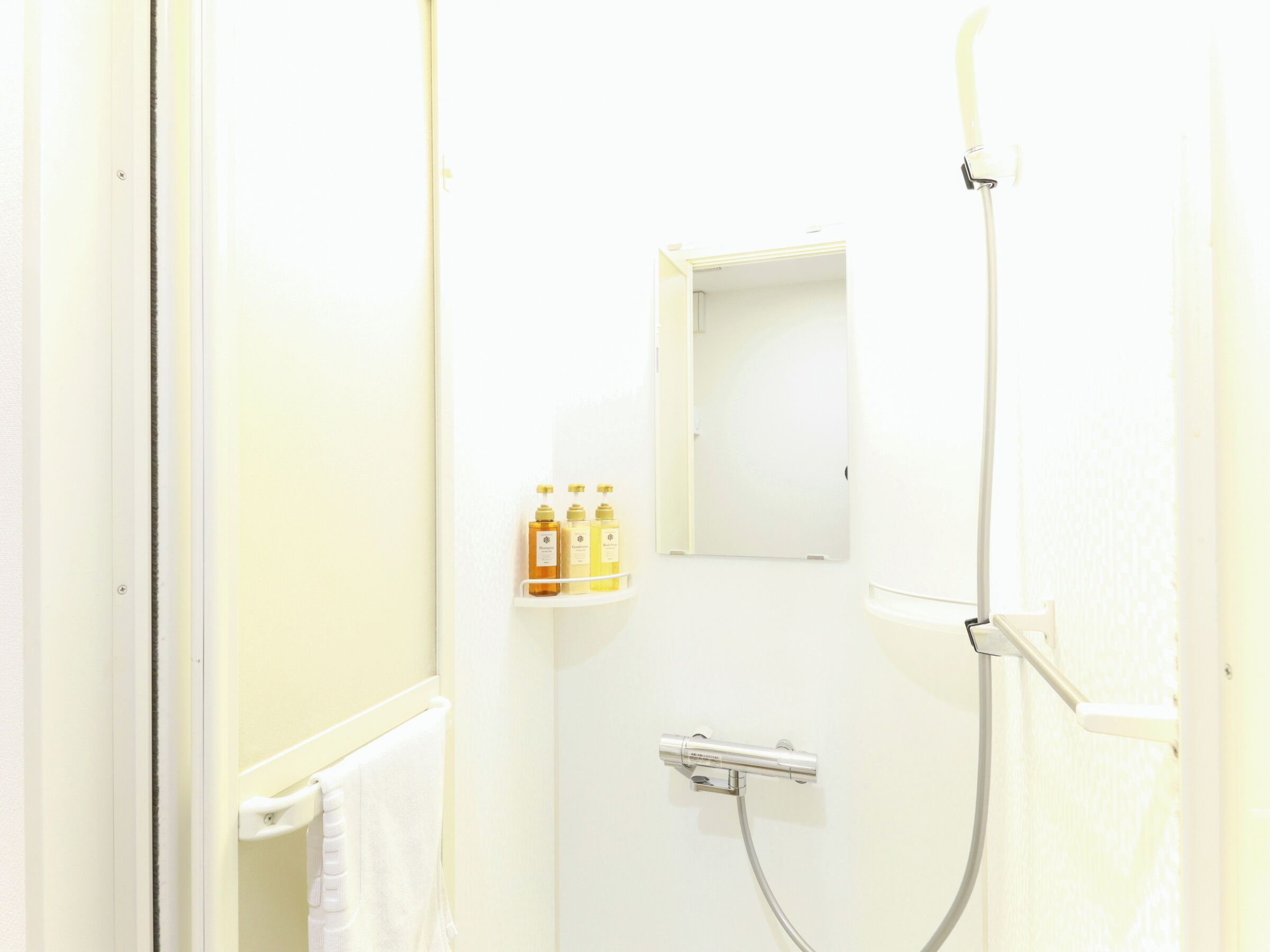 Un baño con ducha, perchero y estante con artículos de aseo.