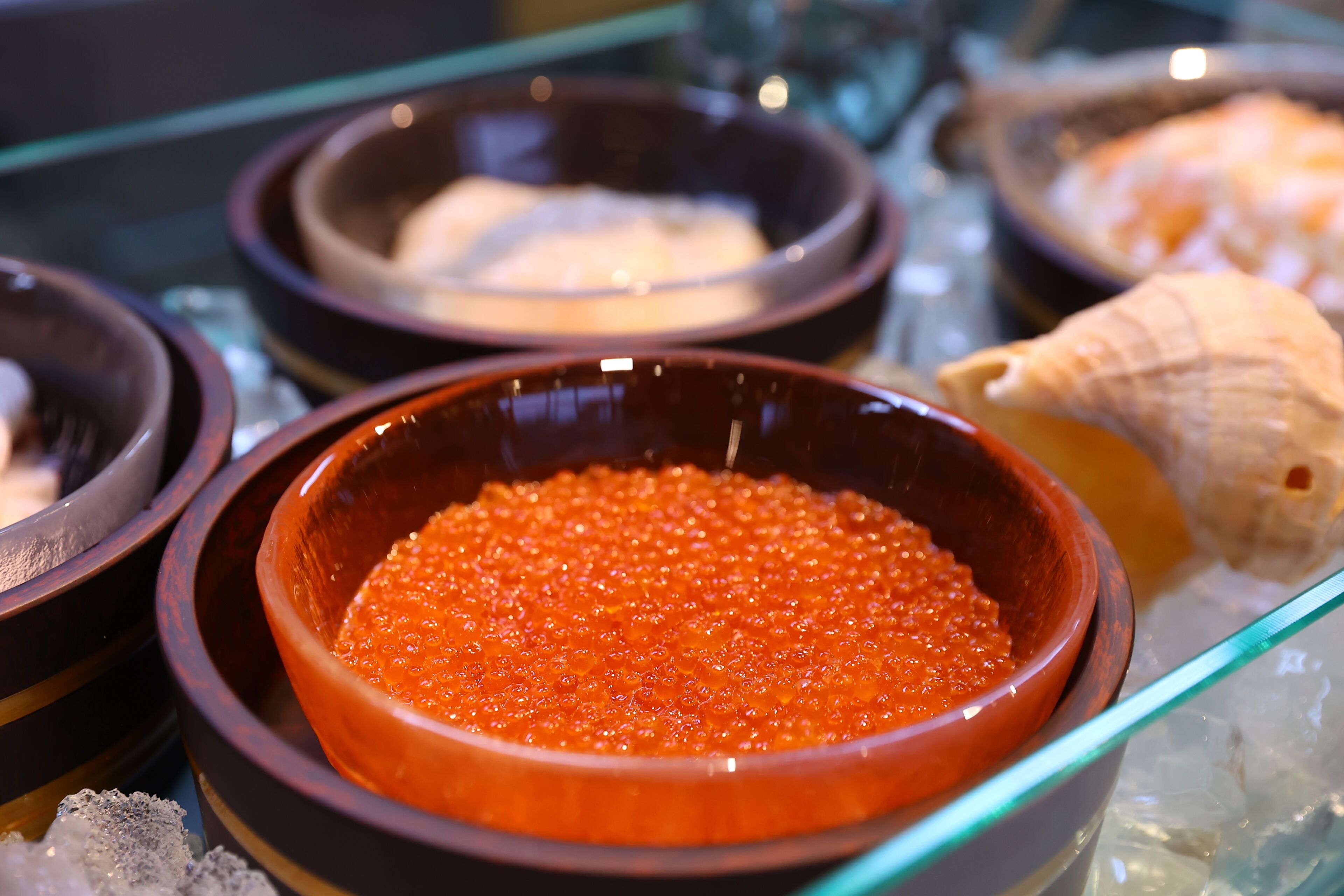 Exposição de diversos alimentos, incluindo uma tigela de caviar vermelho, uma tigela de queijo branco e uma concha.