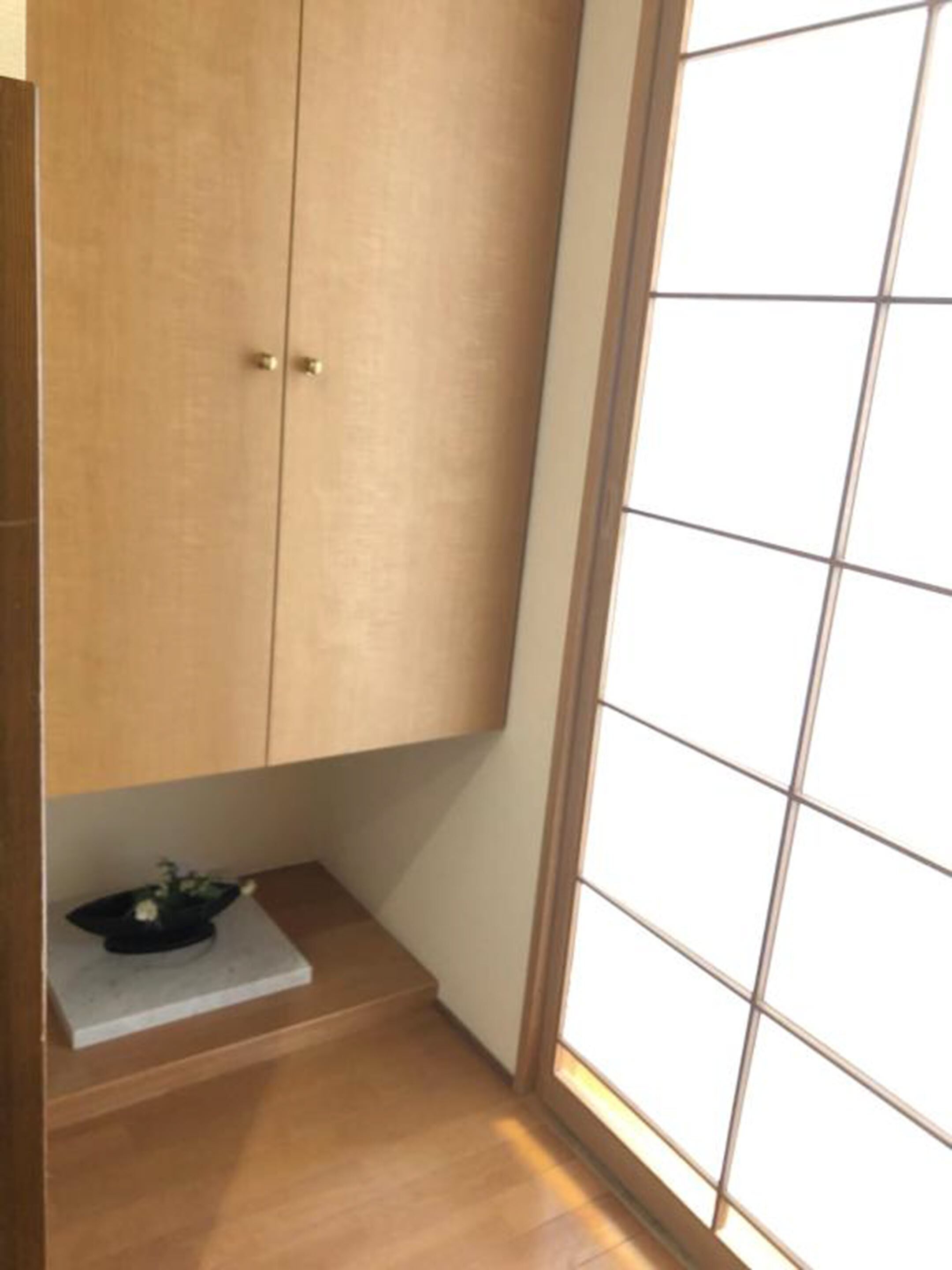 A room with a wooden wardrobe, a small shelf with a plant, and a sliding glass door.