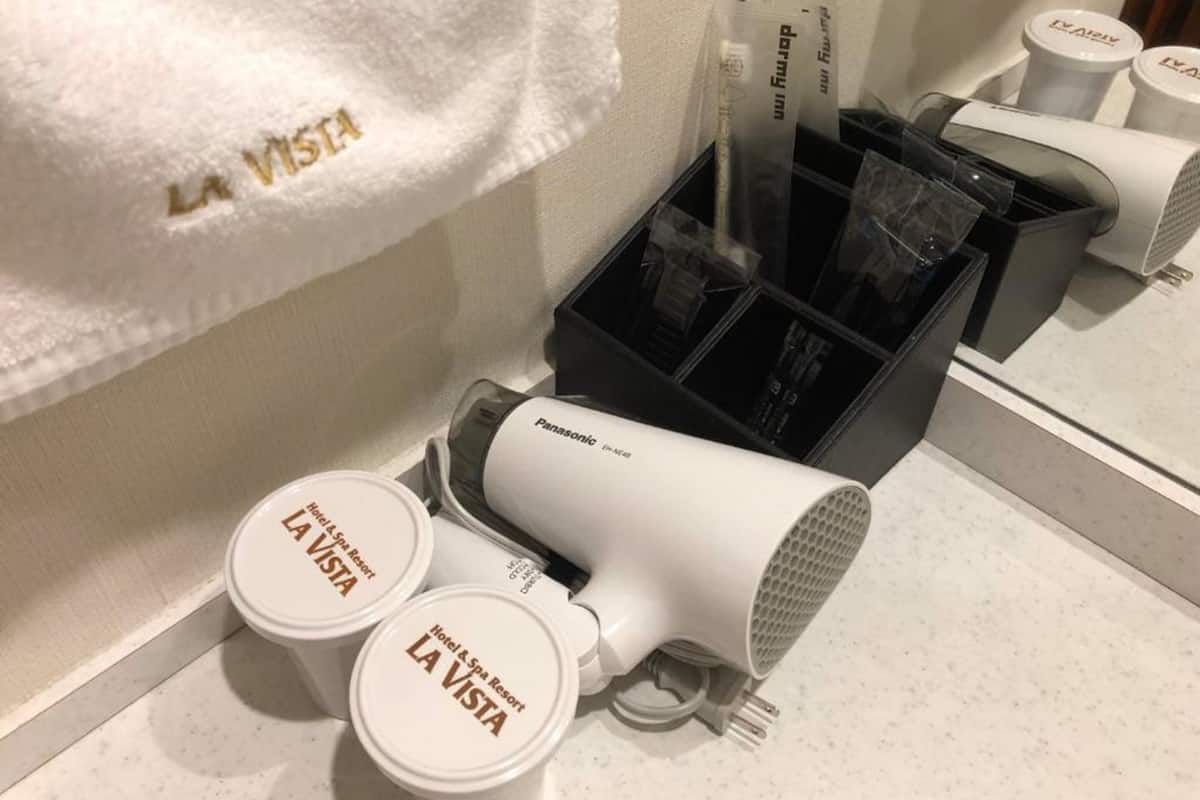 shower, hair dryer, slippers, bidet