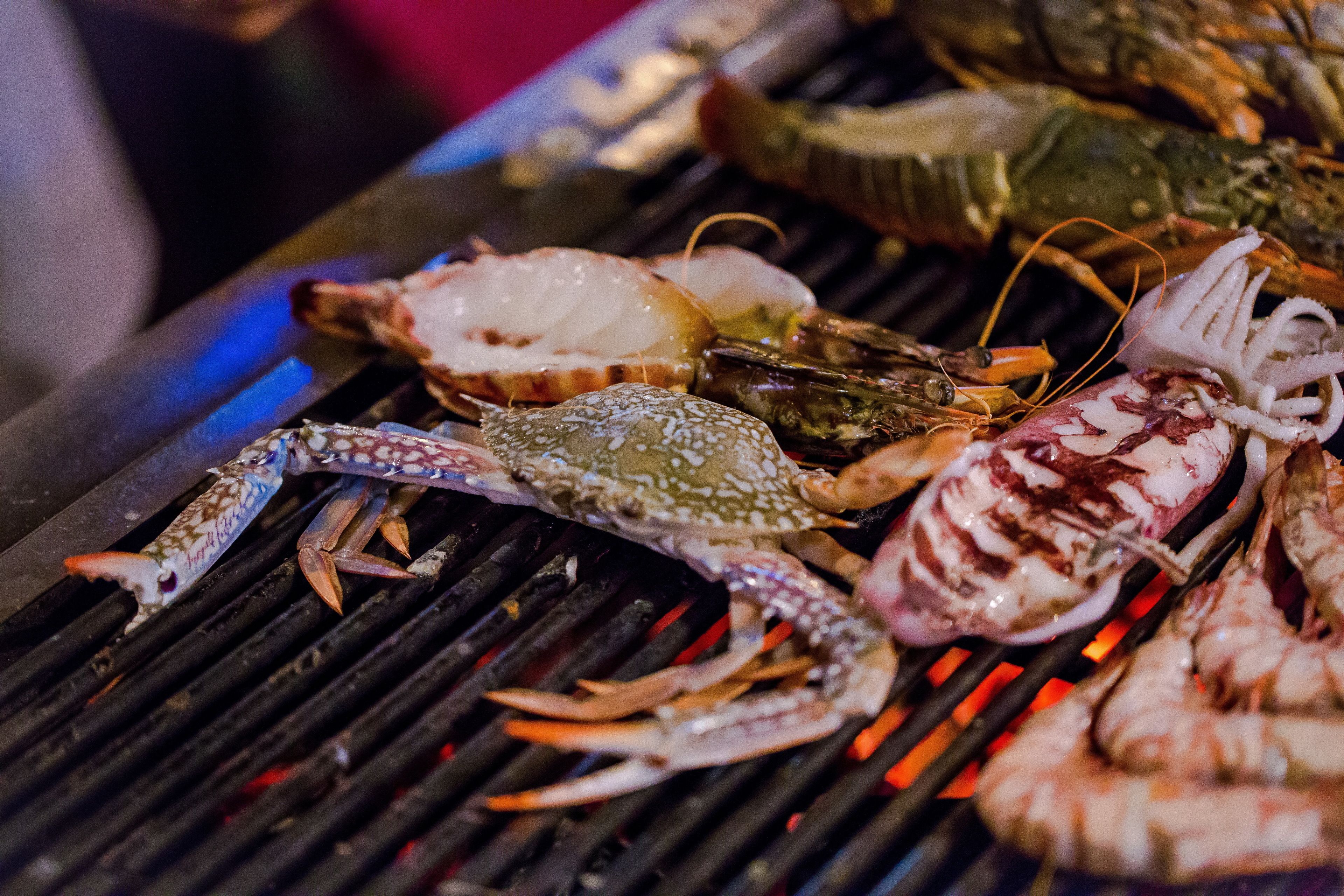 Un barbecue où l’on fait griller des fruits de mer, notamment des homards et des crabes.