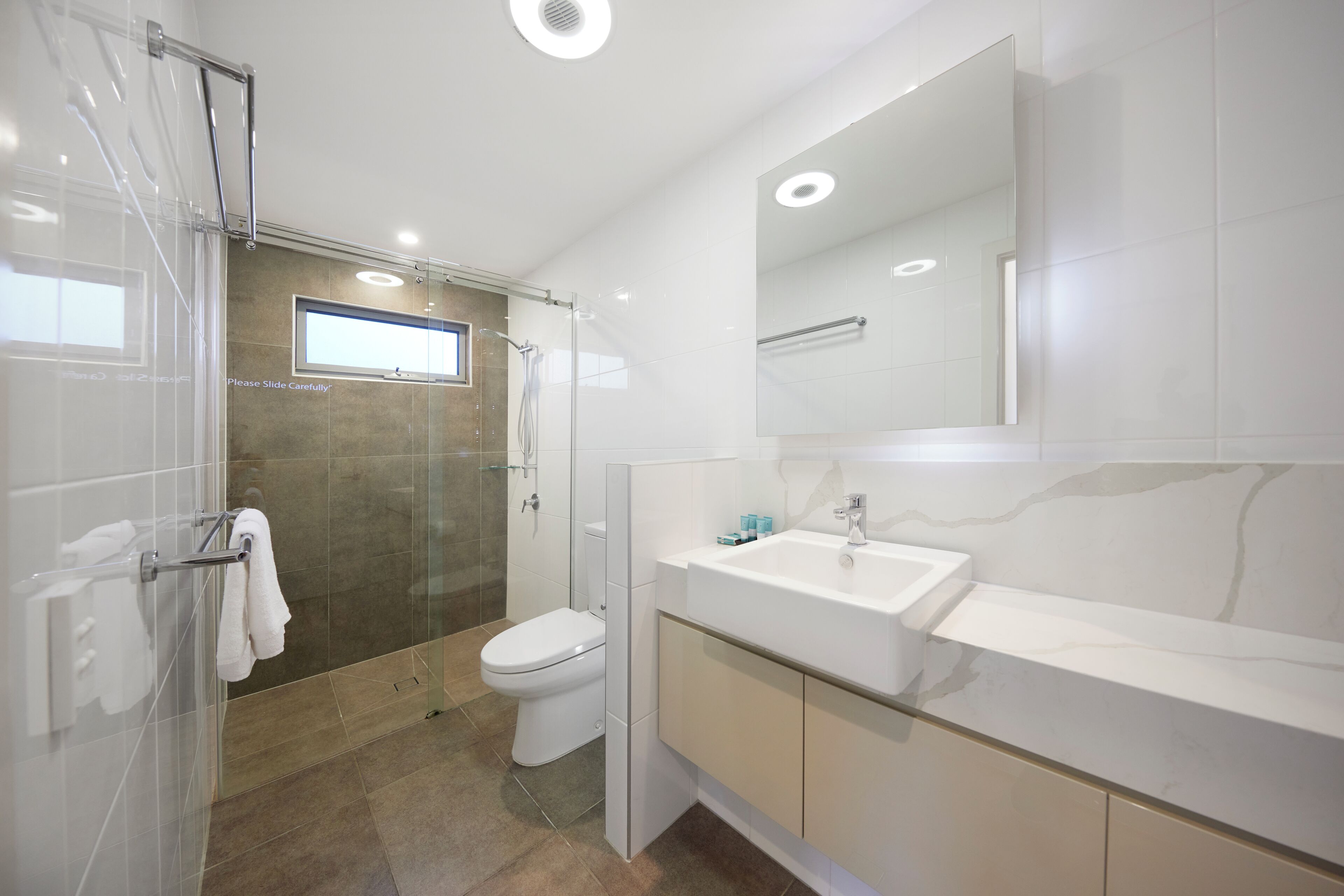 A modern bathroom with a glass shower enclosure, a toilet, and a vanity with a sink and mirror.