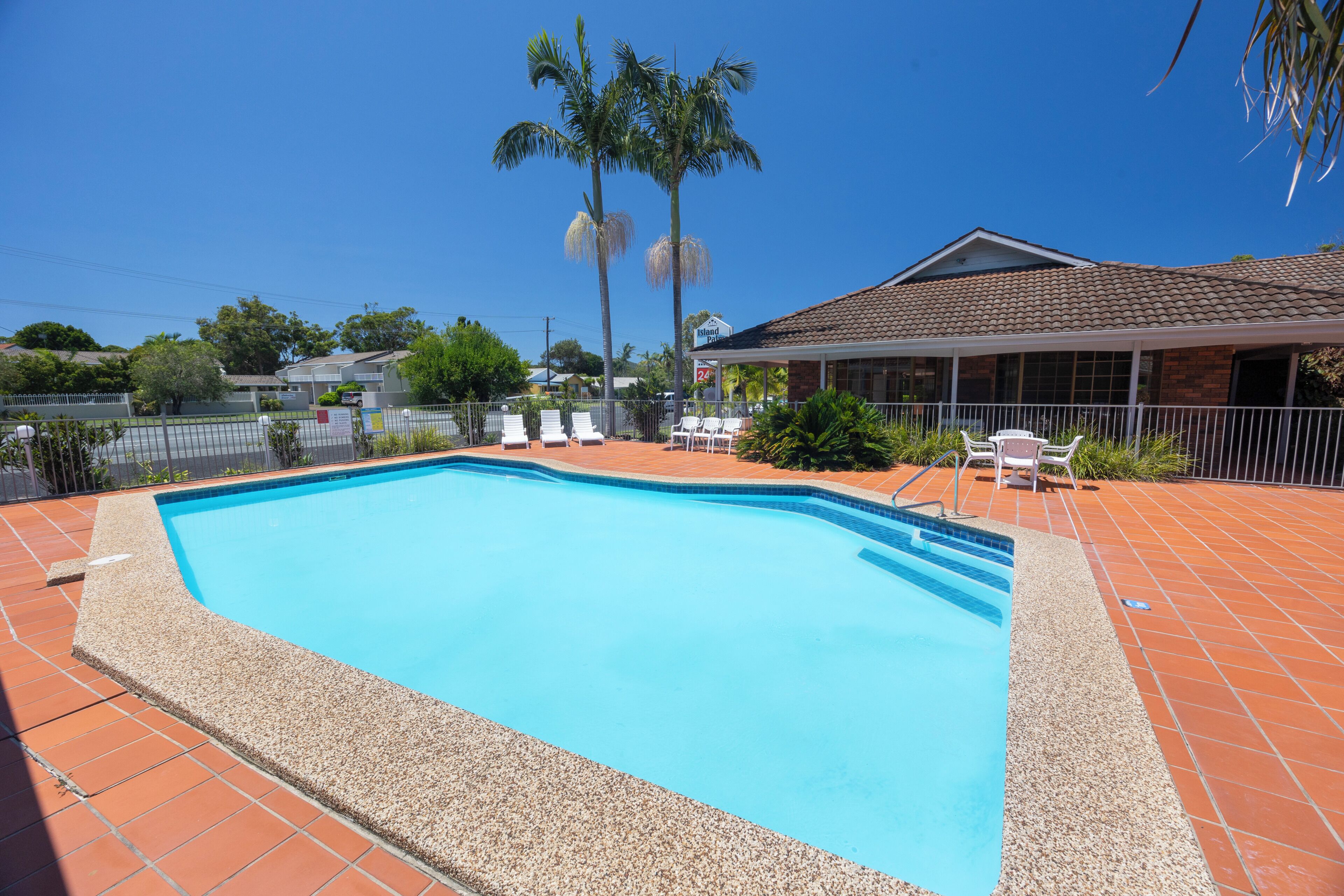 A swimming pool with a tiled deck, surrounded by a fence and palm trees.