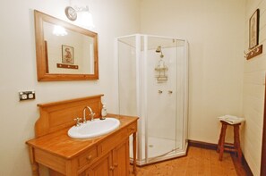 Suite | Bathroom | Shower, hair dryer, towels