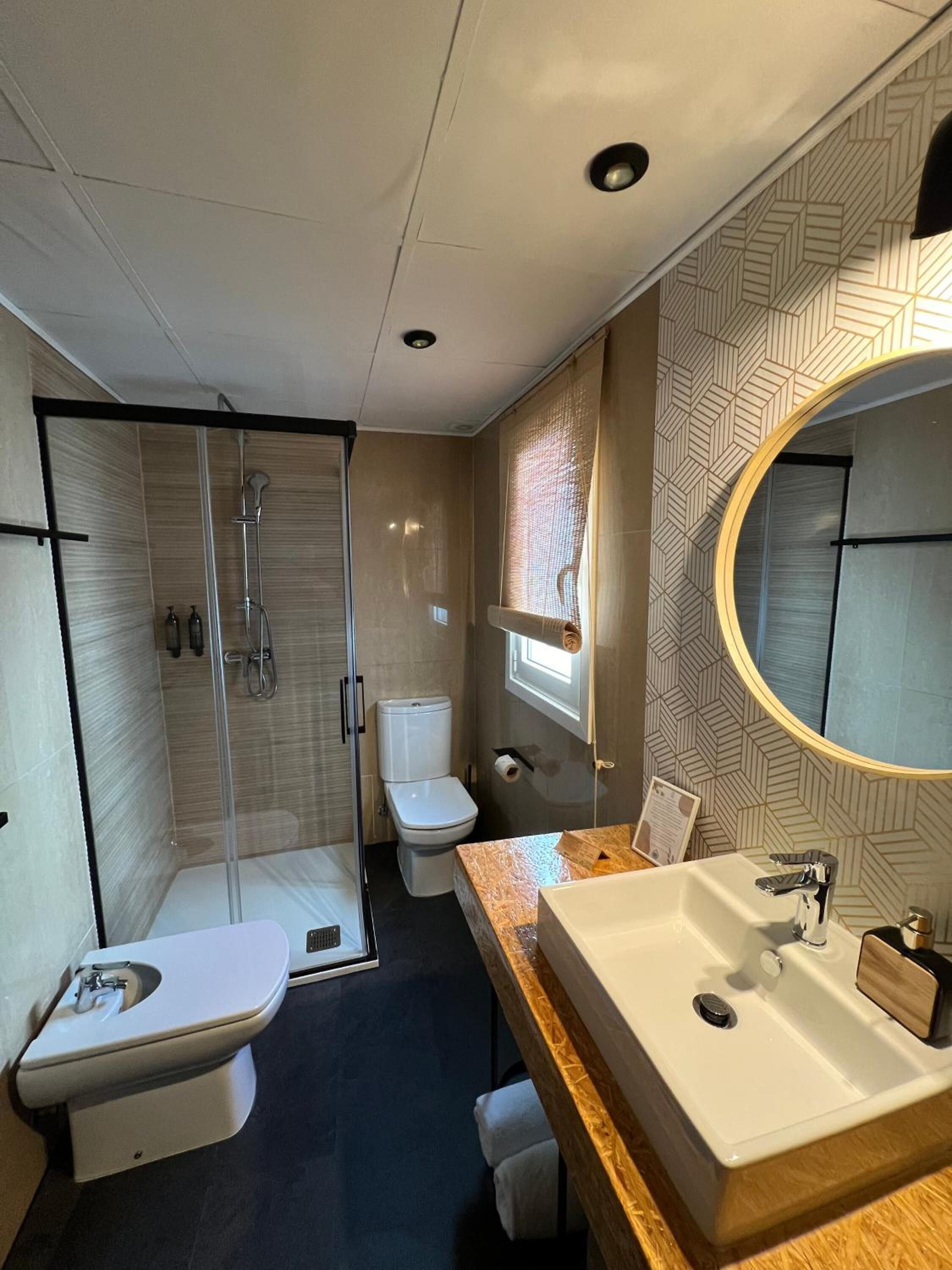 free toiletries, hair dryer, bidet, towels