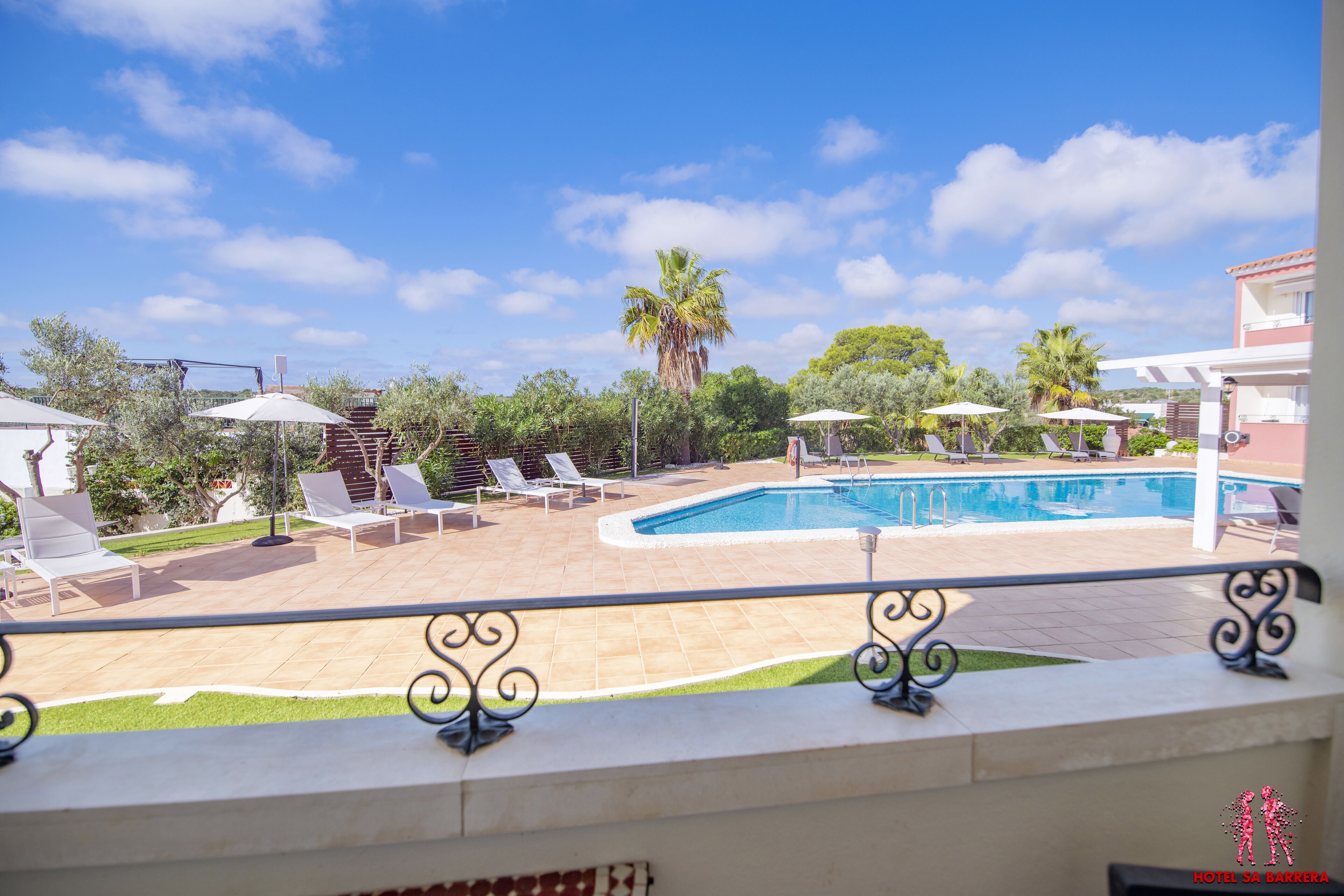 A poolside view with lounge chairs, umbrellas, and a palm tree.