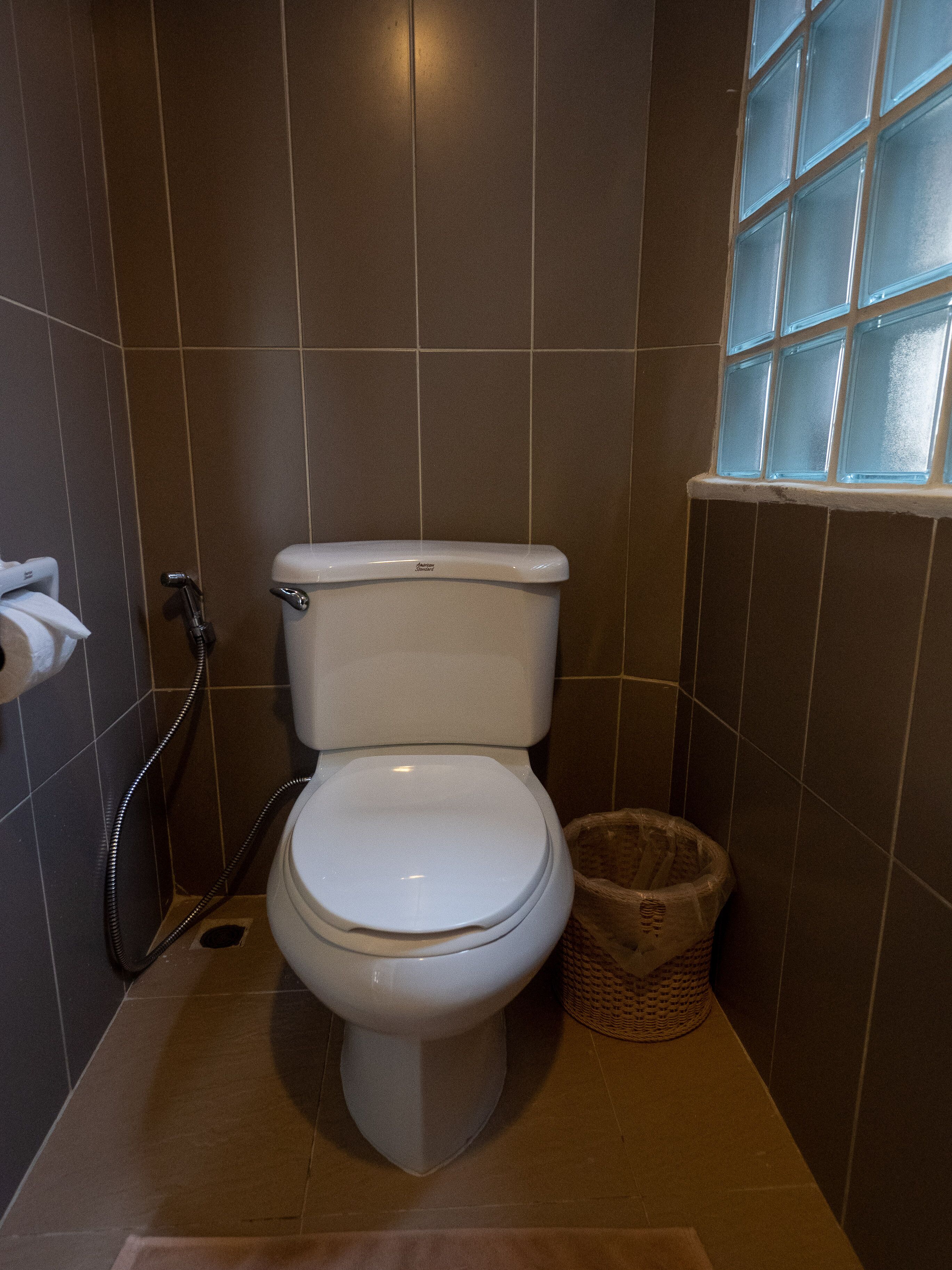 A bathroom with a toilet, a shower, and a window.