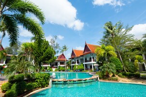 Outdoor pool, pool umbrellas, pool loungers