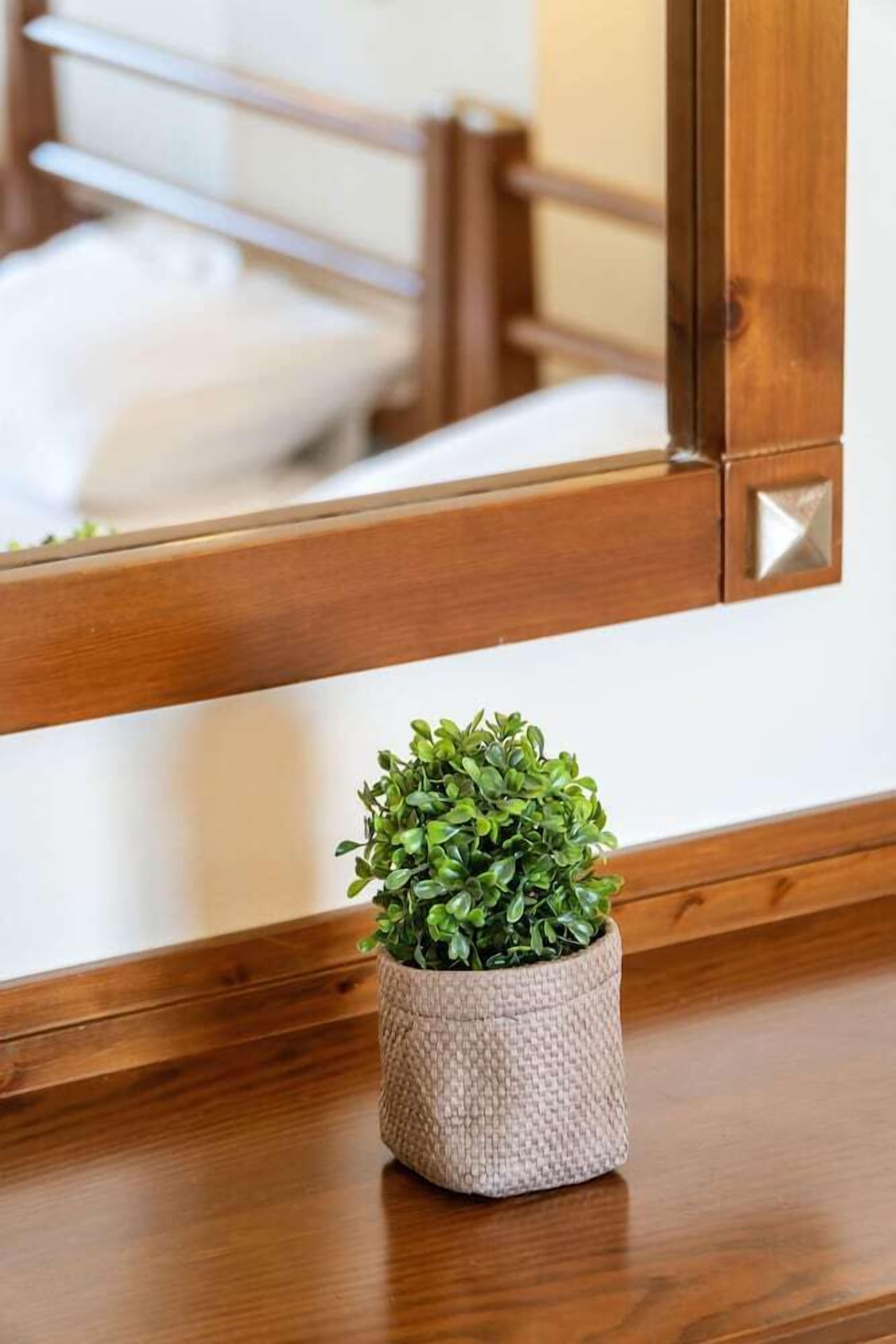 Uma mesa de cabeceira de madeira com um pequeno vaso trançado contendo uma planta verde.