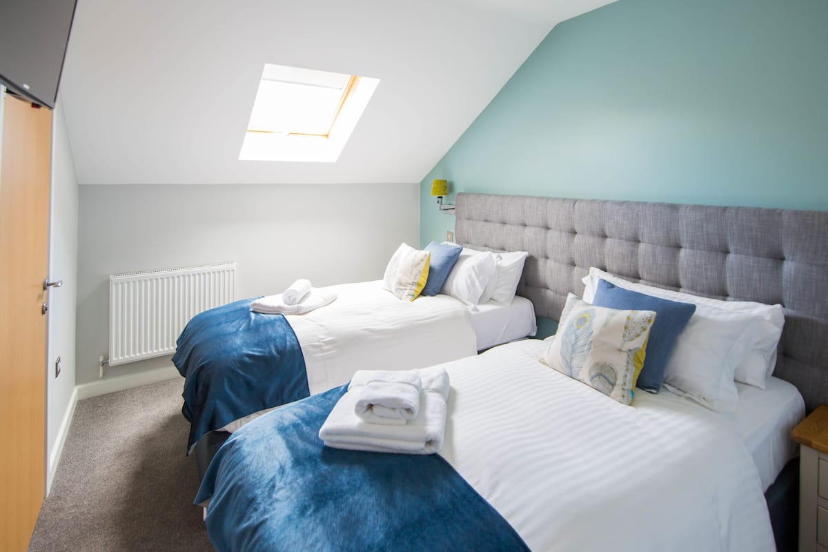 A bedroom with two beds, a skylight, a radiator, and a wooden door.