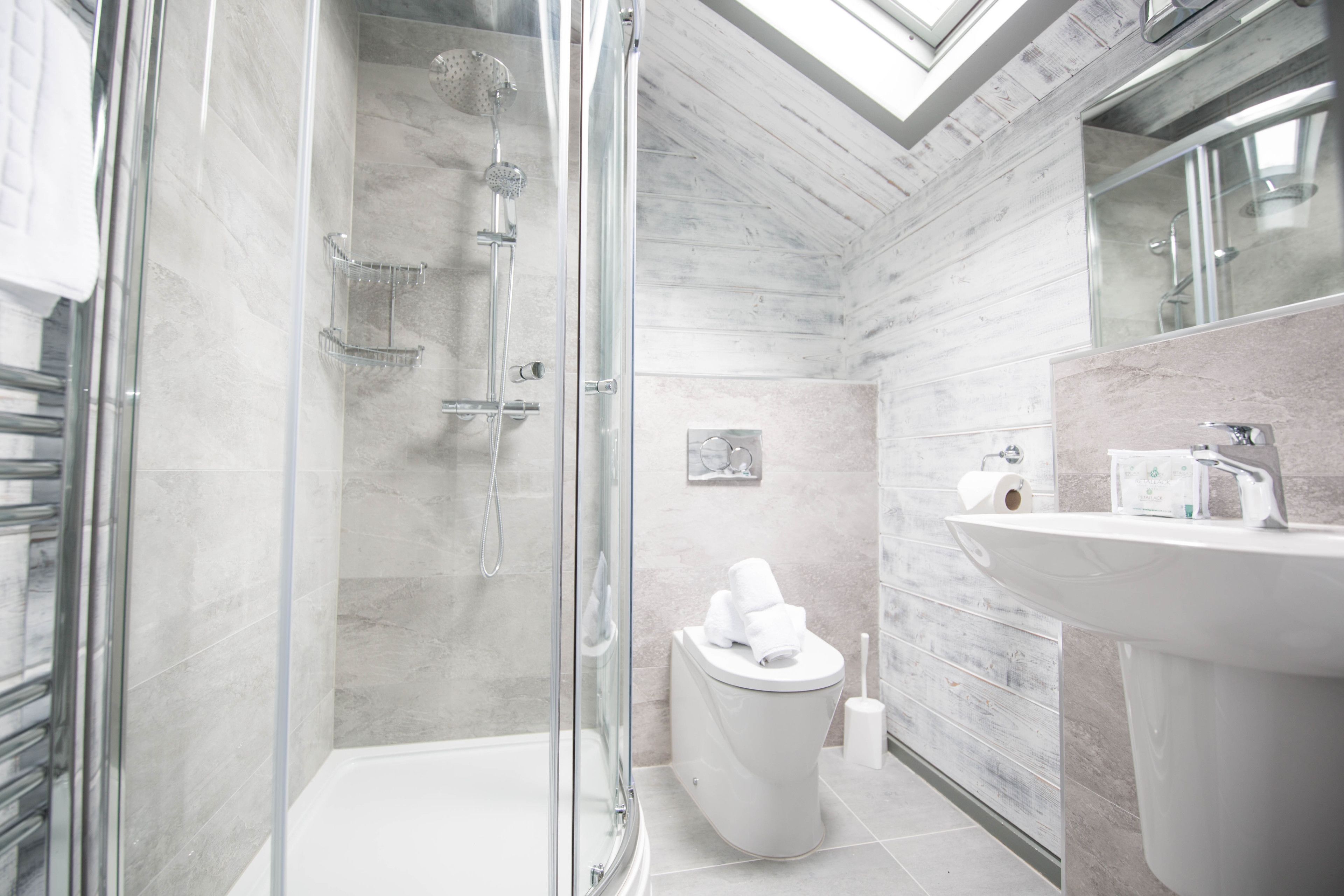 A modern bathroom with a glass-enclosed shower, a toilet, and a sink with a mirror.