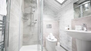 Un baño moderno con ducha envuelta en vidrio, un inodoro y un lavabo con espejo.