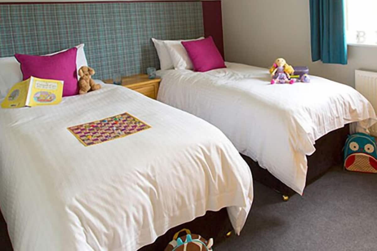 A hotel room with two single beds, each with a white bedspread and a colorful quilt. There are two pillows, one pink and one purple, on each bed. A teddy bear is on the left bed, and a toy car is on the right bed. A book is on the left bed, and a toy figure is on the right bed. The room has a checkered headboard, a window with a curtain, and a radiator on the wall.