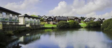 A lakeside residential area with modern and traditional houses, a bridge, and a calm water body reflecting the sky.