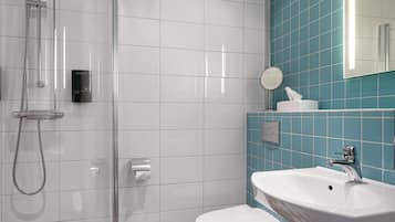Shower, free toiletries, hair dryer, towels