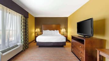Habitación de hotel con cama, televisor sobre una cómoda de madera, calefacción y una ventana con cortinas.
