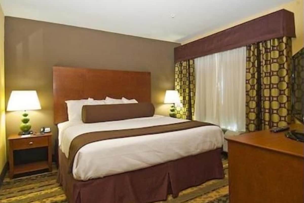 Una habitación de hotel con una cama grande, dos mesitas de noche, un escritorio y una alfombra estampada.