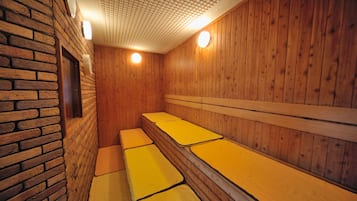 A sauna with wooden walls and benches.