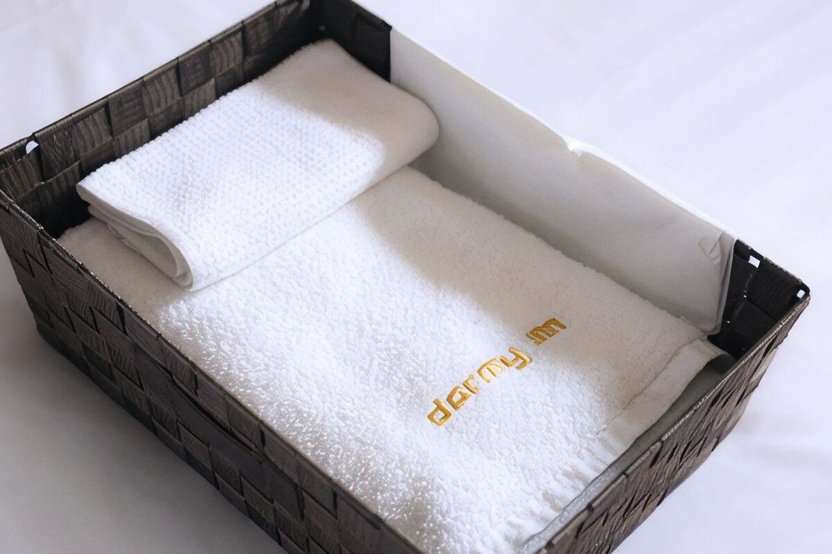 A rectangular basket with a white towel and a folded towel inside.