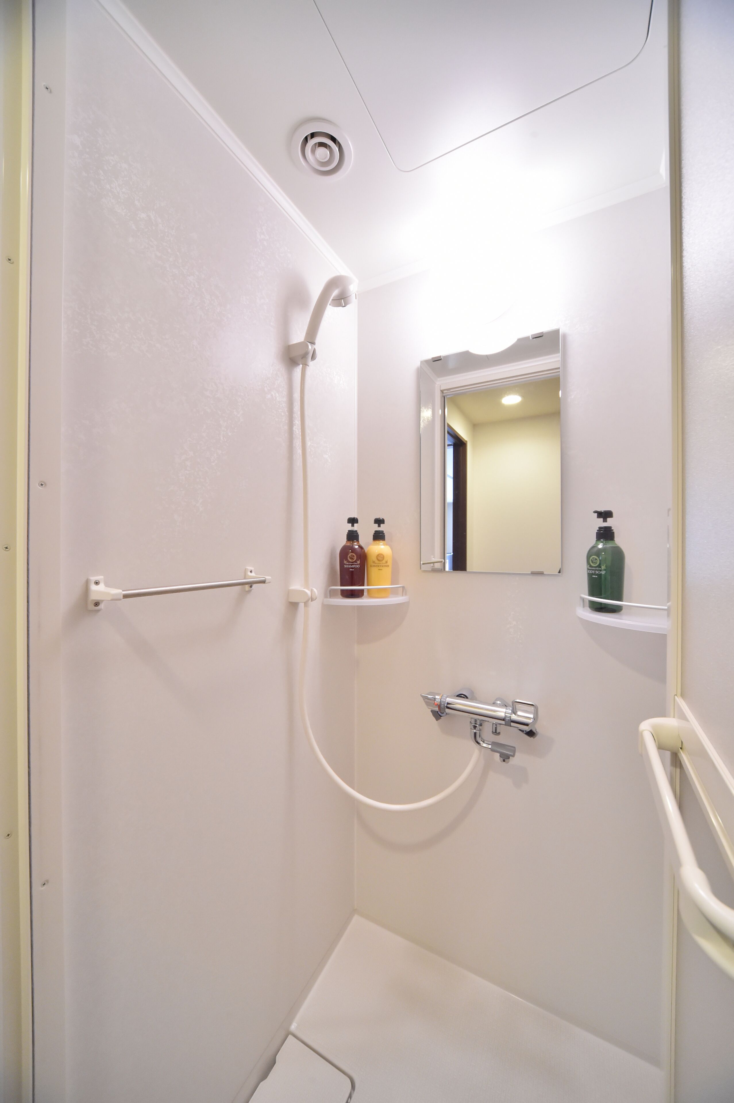 shower, rainfall showerhead, hair dryer, bathrobes