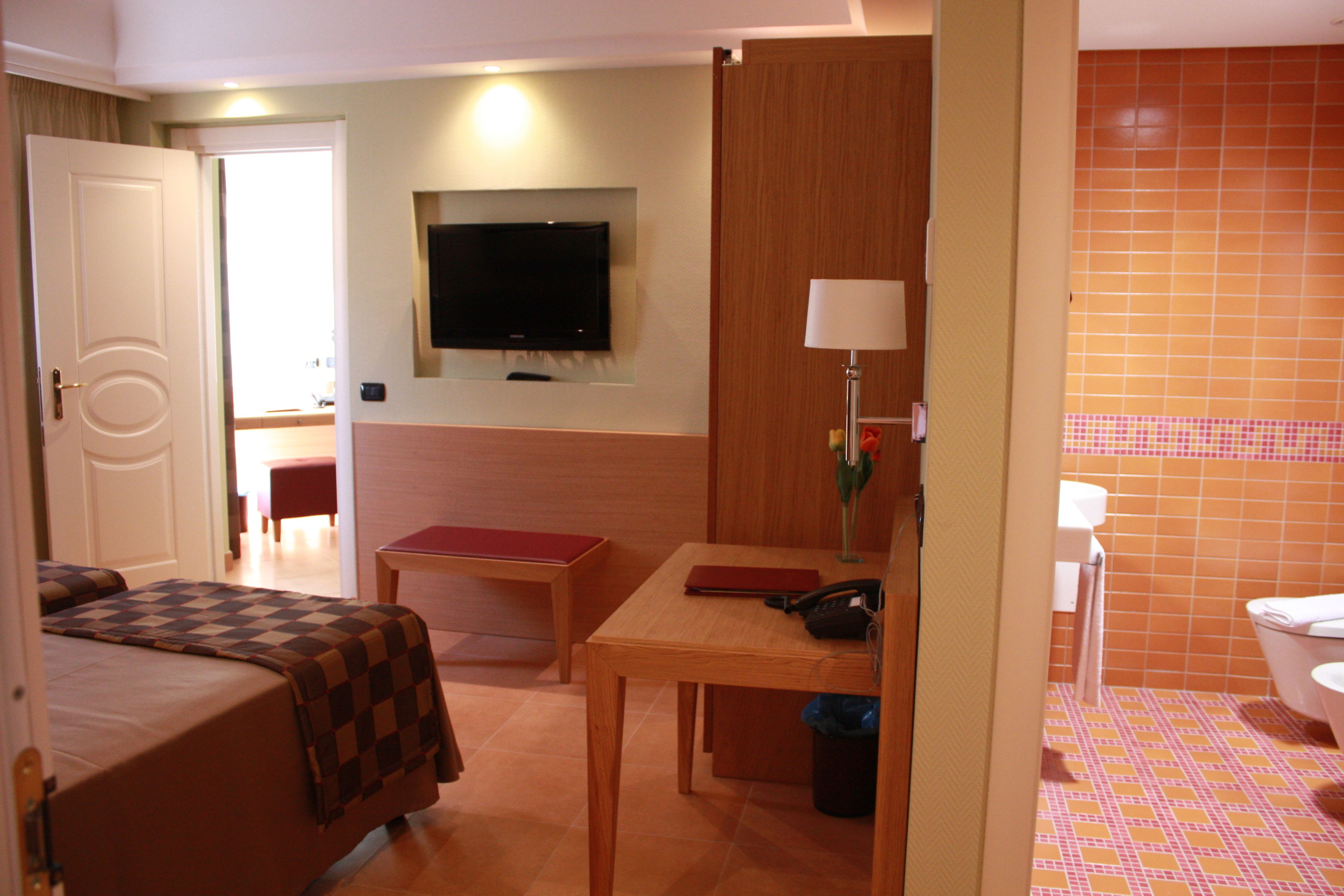 Una habitación de hotel con cama, escritorio, televisor y baño.