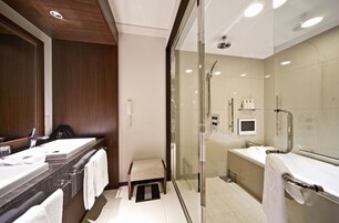 Combined shower/tub, eco-friendly toiletries, hair dryer, slippers