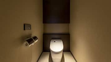 Un baño moderno con inodoro, dispensador de papel higiénico y panel empotrado.
