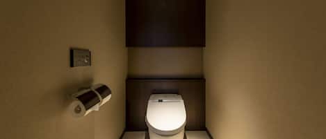 Un baño moderno con inodoro, dispensador de papel higiénico y panel empotrado.