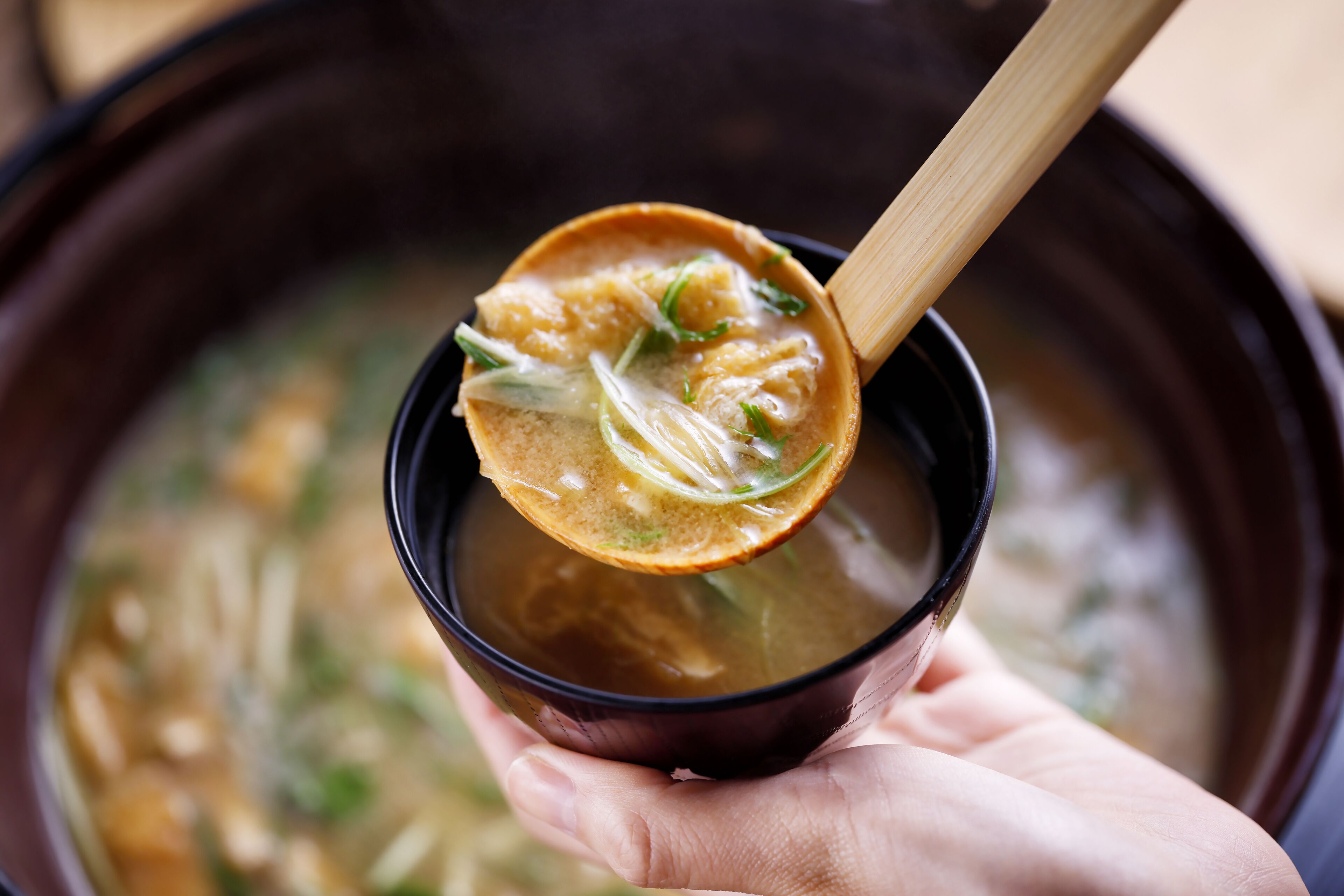 Eine Hand, die eine Schüssel Suppe mit einem Holzlöffel hält.