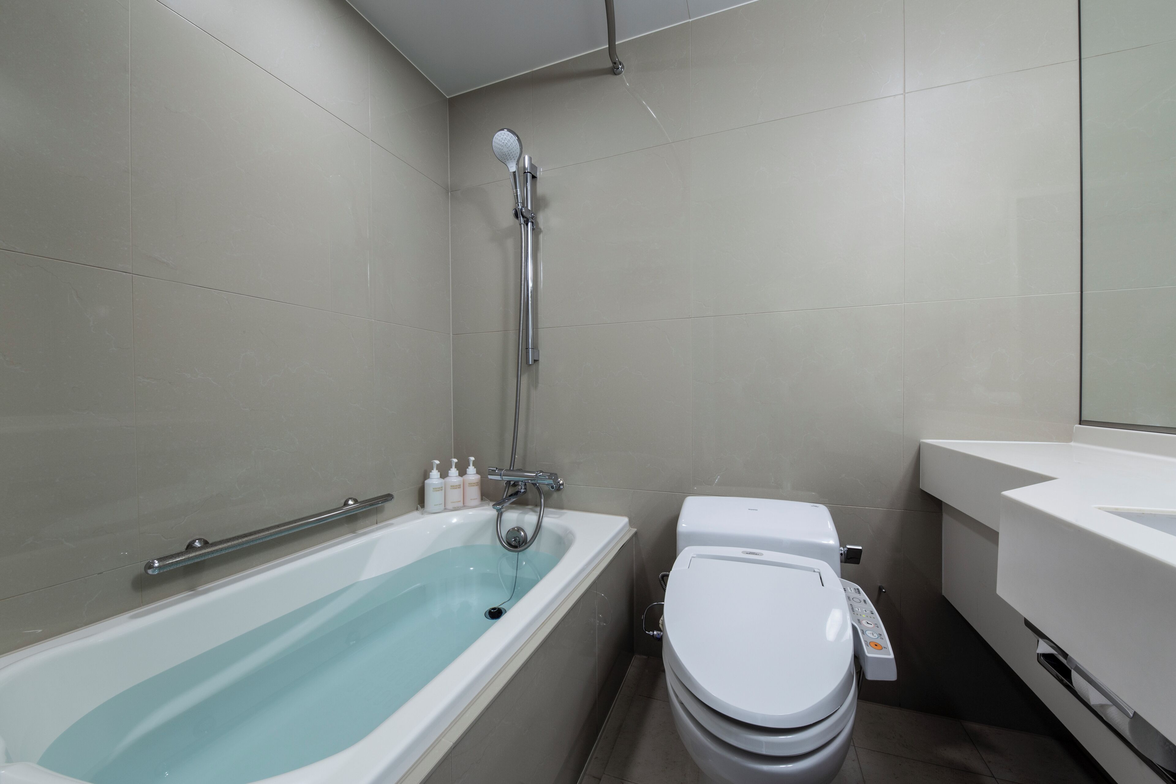Ein modernes Badezimmer mit Badewanne, Toilette und Dusche.