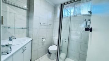 A bathroom with a glass shower enclosure, a toilet, a sink with a mirror, and a towel rack.