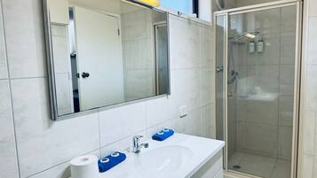 A bathroom with a white sink, a mirror, a shower, and a toilet.
