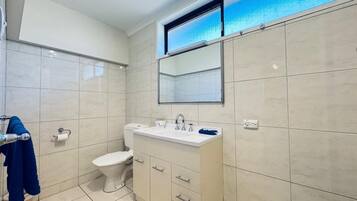 A modern bathroom with a toilet, sink, and mirror.