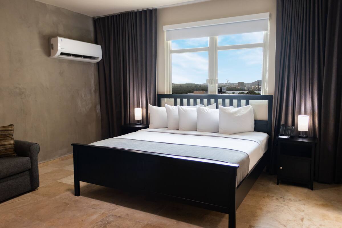Habitación de hotel con una cama grande, una mesita de noche con lámpara, una silla y un equipo de aire acondicionado.