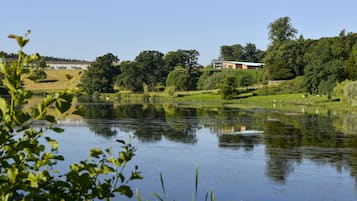 Enjoy a serene lakeside retreat with a tranquil water view surrounded by lush greenery and well-manicured lawns.