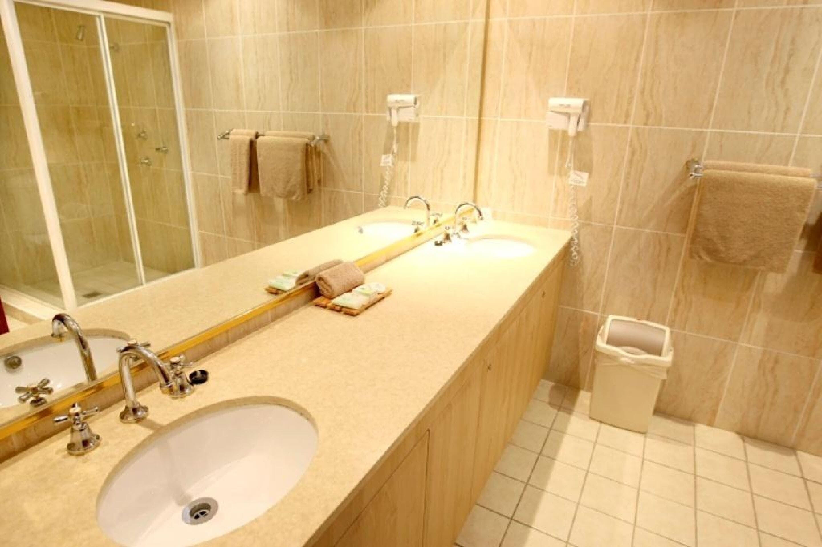 A bathroom with a large sink, a mirror, and a shower area.