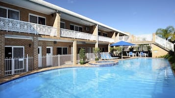 Outdoor pool, pool umbrellas, pool loungers