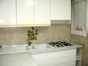 Una cocina con armarios blancos, una estufa a gas, un lavamanos y una planta decorativa.