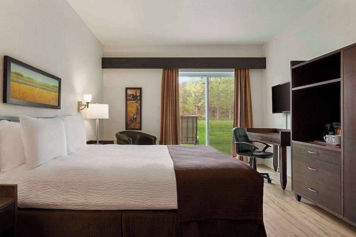 Habitación de hotel con una cama grande, un escritorio con silla, televisión y vistas al exterior.