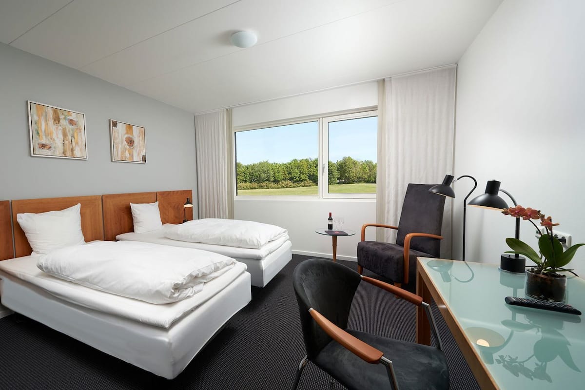 Ein Hotelzimmer mit zwei Betten, einem Schreibtisch mit Stuhl, einem kleinen Tisch, einer Lampe, einer Pflanze und einem Fenster mit Blick auf Grünfläche.
