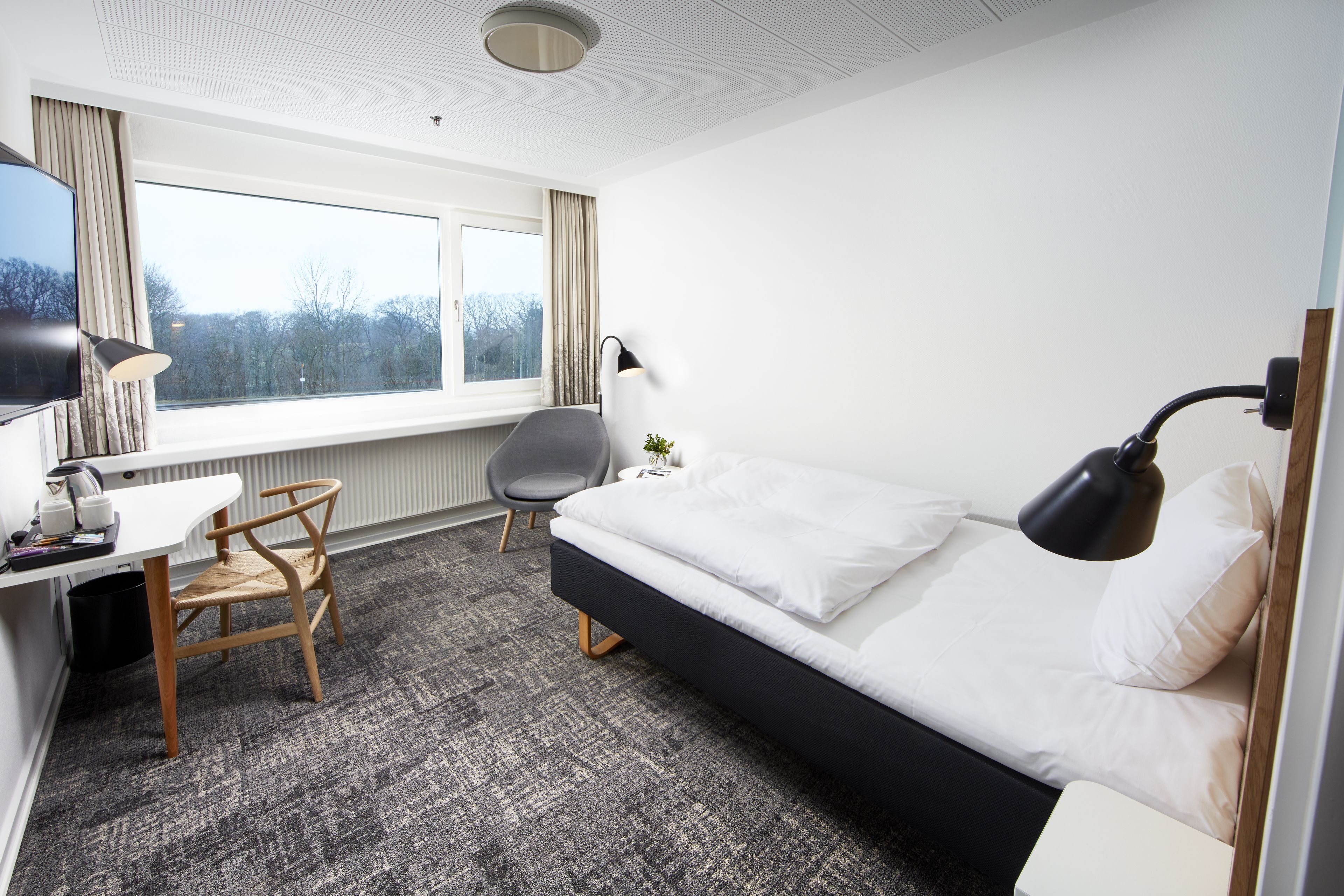 A hotel room with a bed, a desk, a chair, a TV, and a window with curtains.