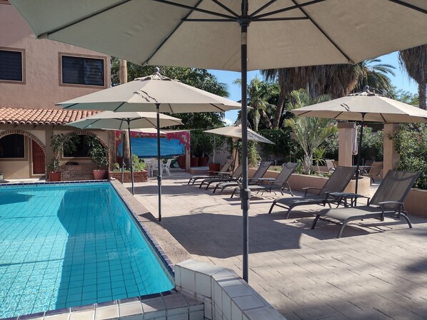 Una piscina al aire libre, una piscina climatizada, sombrillas