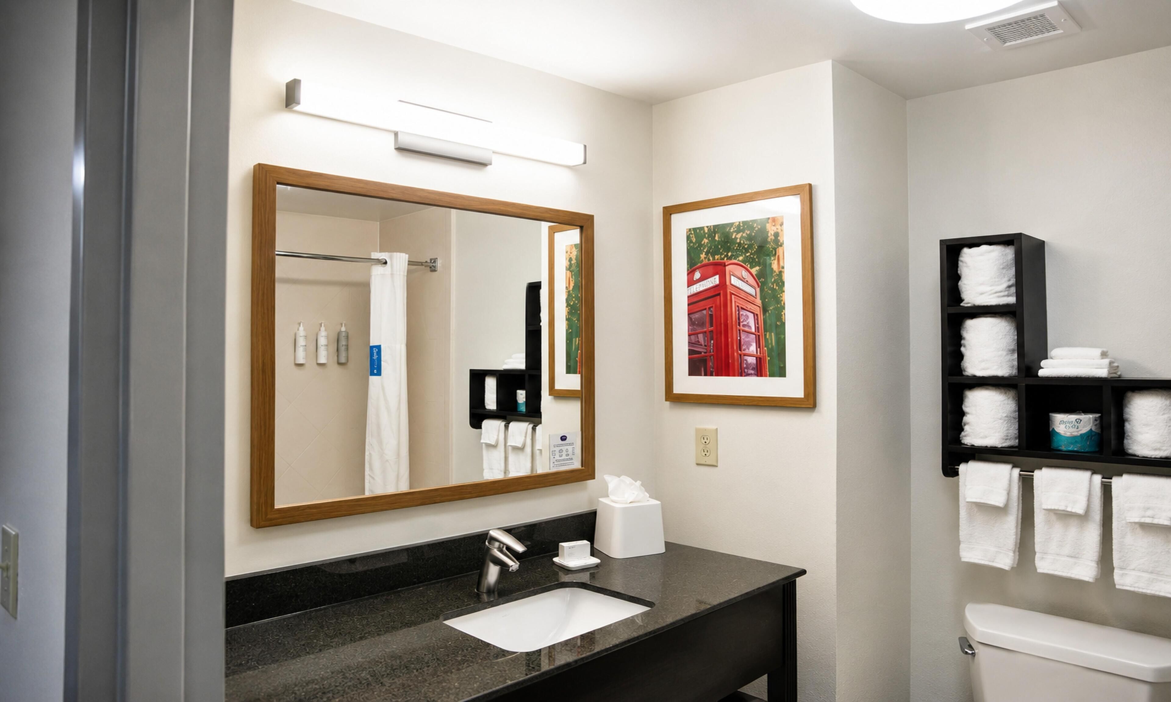 Um banheiro com pia, espelho, porta-toalhas e um quadro pendurado na parede.