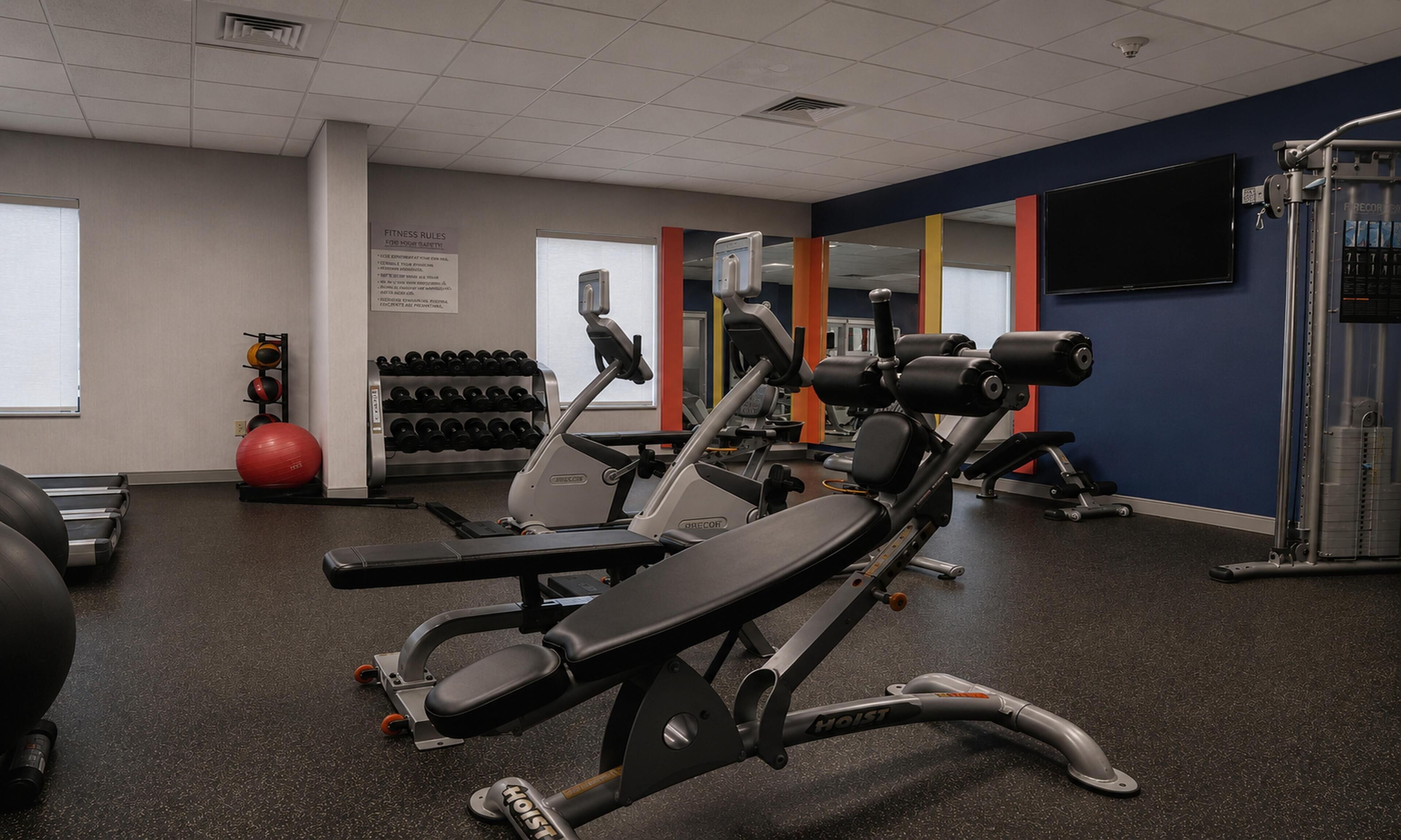 Une salle de sport équipée de matériel d’exercice, d’un téléviseur fixé au mur et d’une fenêtre avec des stores.