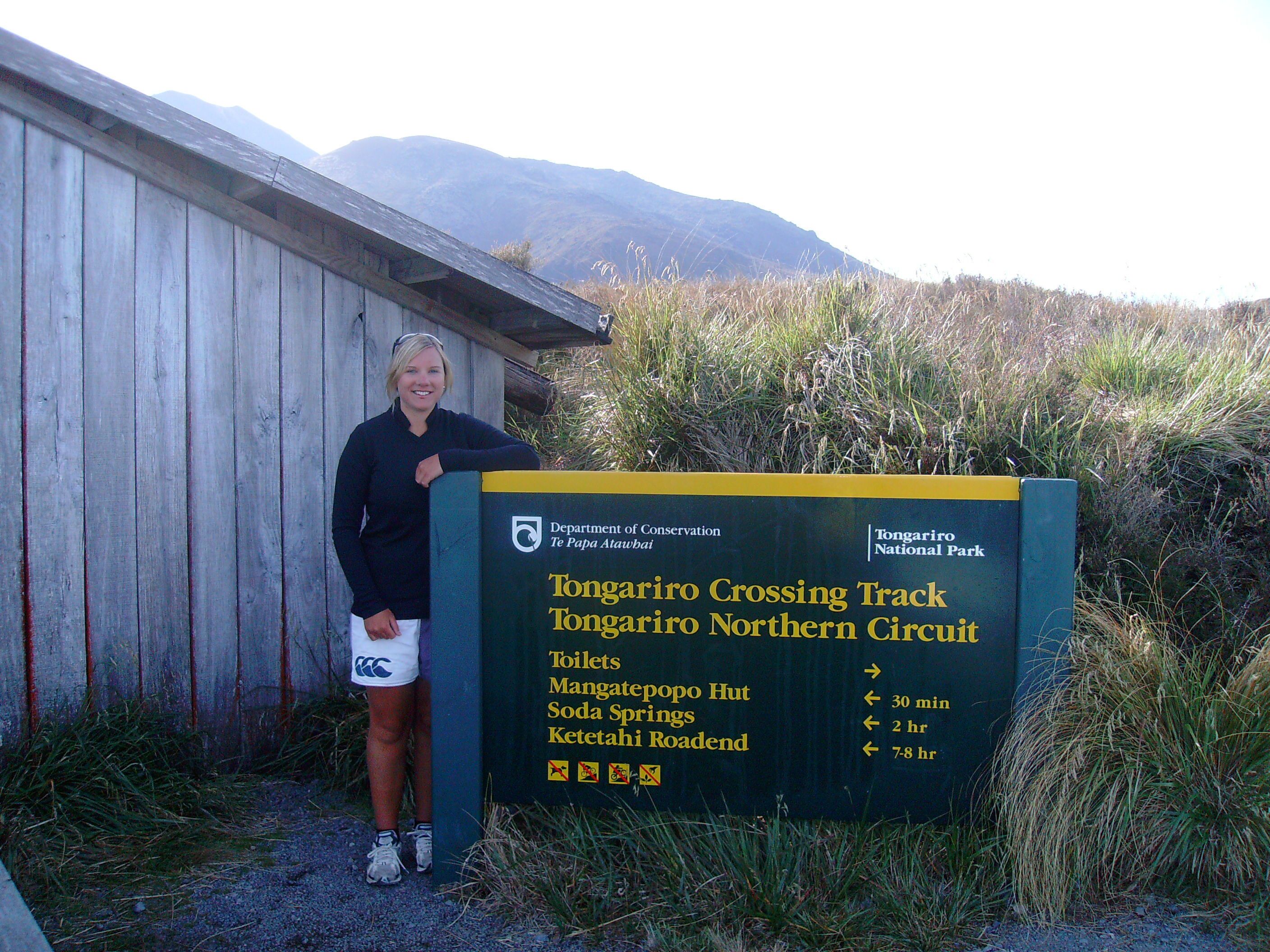 A sign for Tongariro Crossing Track with directions and amenities listed.